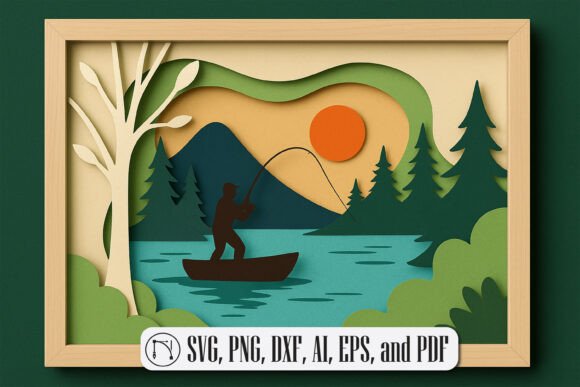 3D Fishing Scene Shadow Box Layer SVG