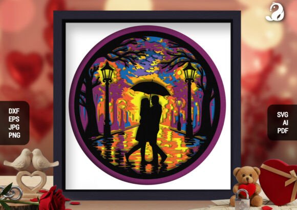 3D Rainy Night Couple Shadow Box SVG