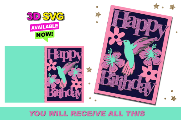 Happy Birthday Hummingbird Card 3D SVG