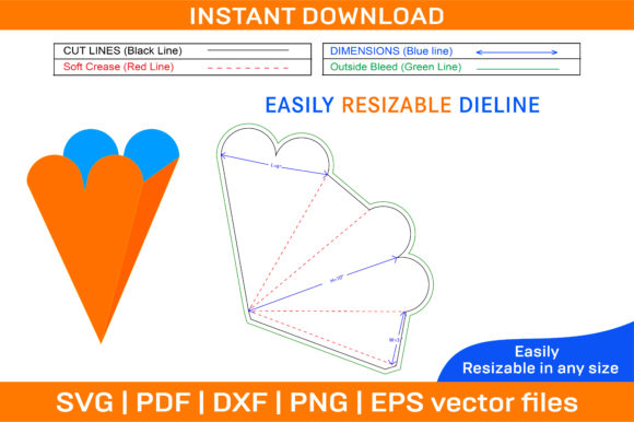 Heart Shape Cone Dieline Template and 3D Graphics for Print Templates